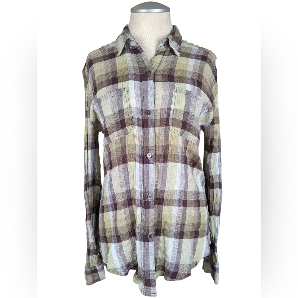 Free People Olive and Brown Boho Muslin Plaid Button Down Shirt With Lace Back